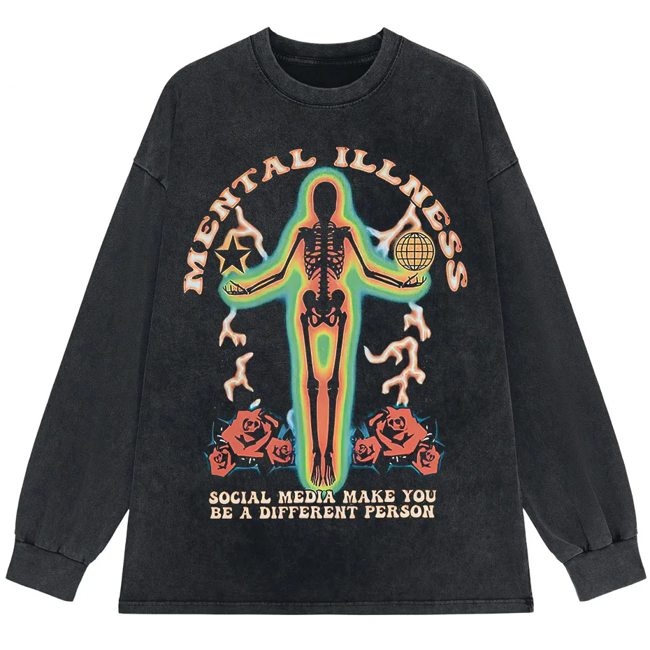 Skeleton Rose Graphic Vintage Washed Cotton T-Shirt Streetwear