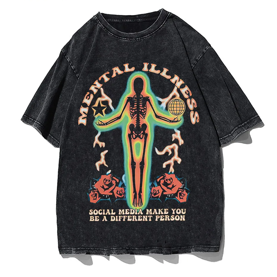 Skeleton Rose Graphic Vintage Washed Cotton T-Shirt Streetwear
