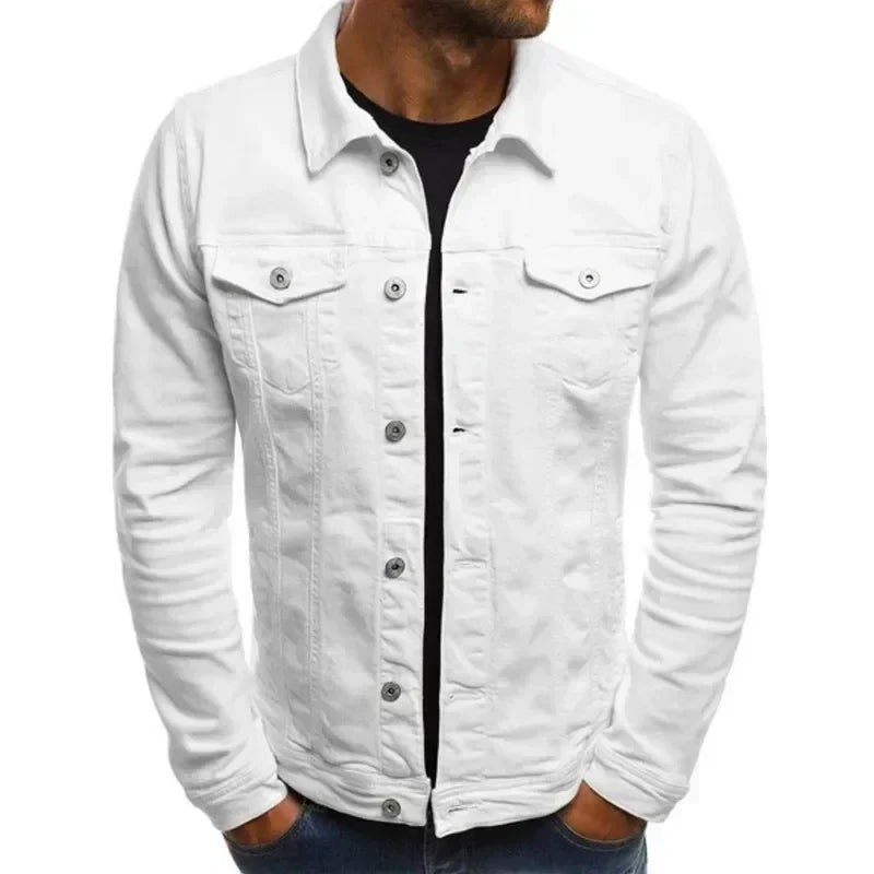 Mens Denim Streetwear Jacket Cotton Casual Slim Fit (White)