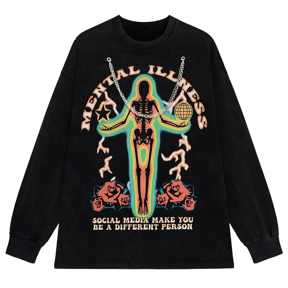 Skeleton Rose Graphic Vintage Washed Cotton T-Shirt Streetwear