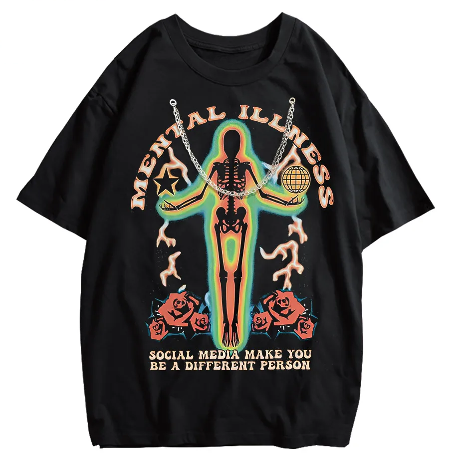 Skeleton Rose Graphic Vintage Washed Cotton T-Shirt Streetwear