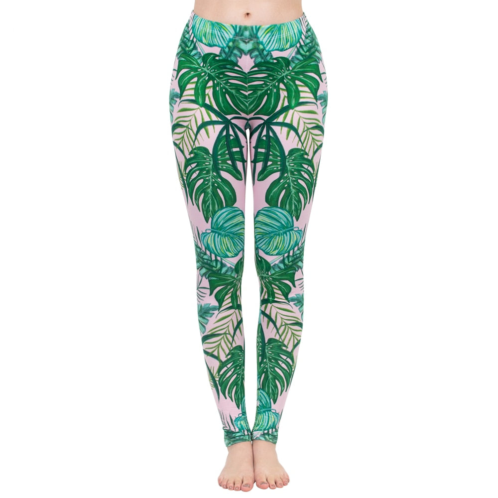 Fashion Women Legging Pink Tropics Printing With Multicolor Pattern Leggins High Elasticity Legins Fitness Pants Leggings